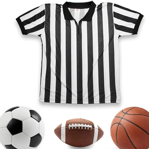 Crown Mens Large Striped Referee Polo Quarter Zip Up Shirt Umpire Sports Costume - Picture 2 of 8